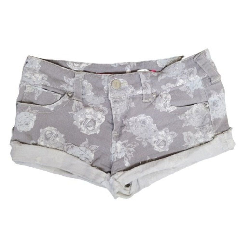Tinseltown Floral Rose Denim Flap‎ Pocket Cuffed Shorts Gray Womens Size 9 Denim